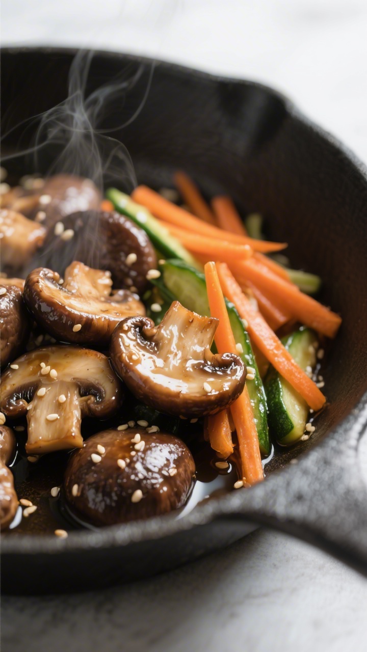 Close-up detail: Sautéed shiitake mushrooms glistening in sesame oil with light soy caramelization