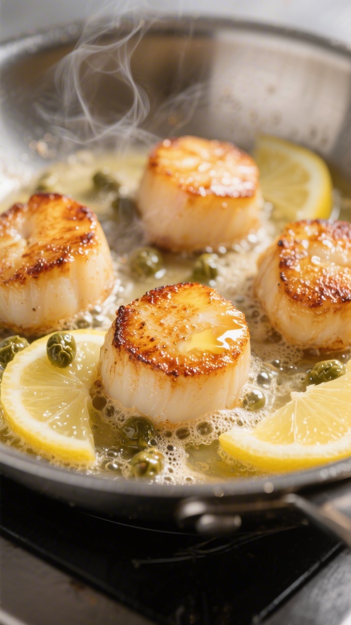 Close-up detail: Seared scallops in a stainless pan just after flipping, golden caramelized crust wi
