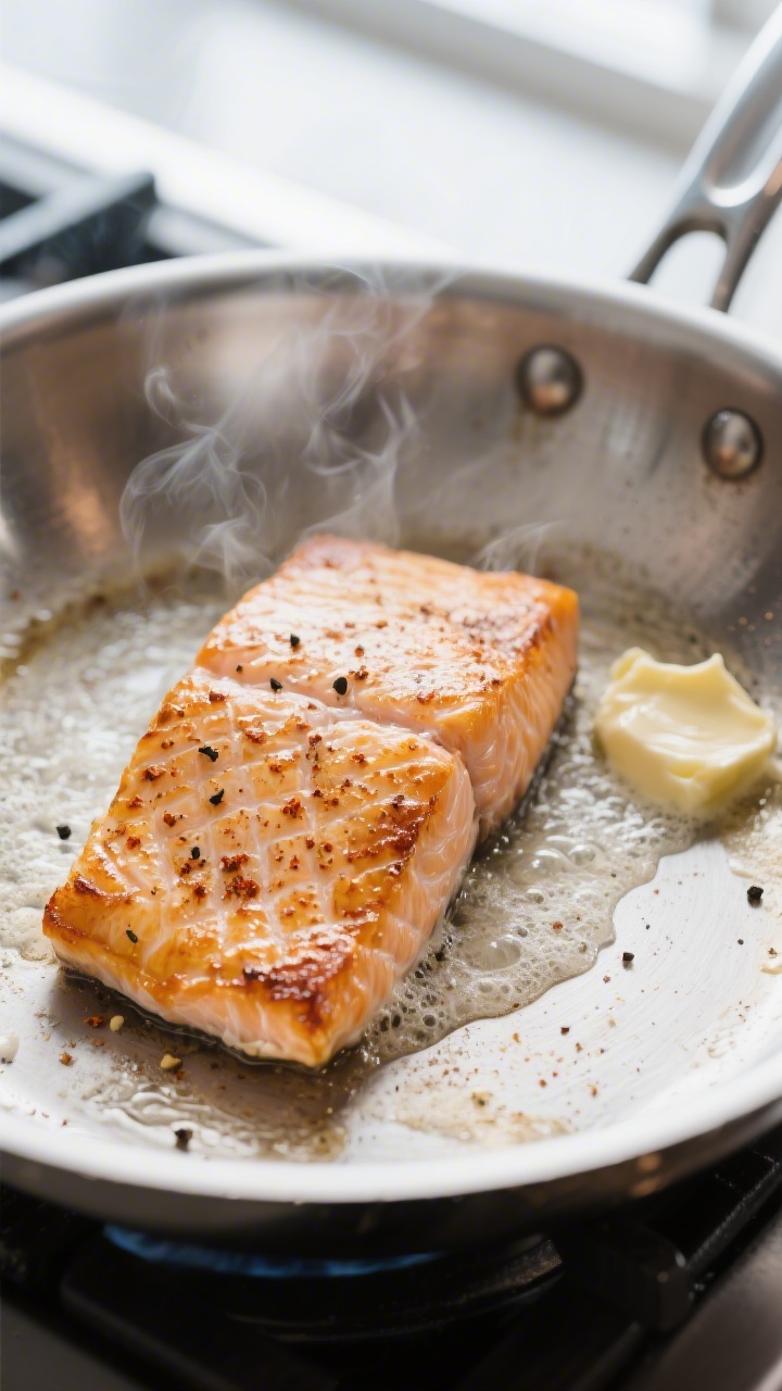 Close-up detail: Searing salmon fillets skin-side down in a stainless steel skillet, golden crisp ed