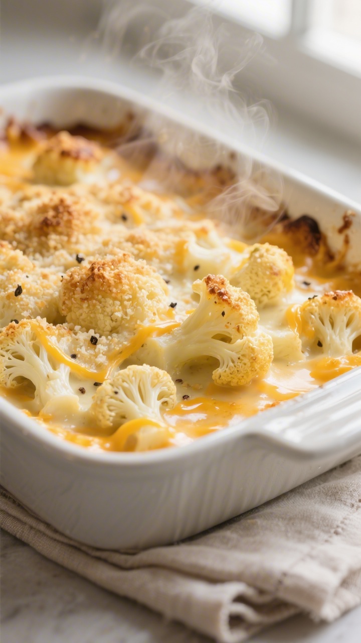 Close-up detail shot: A bubbling cauliflower gratin just out of the oven, showing tender, par-cooked