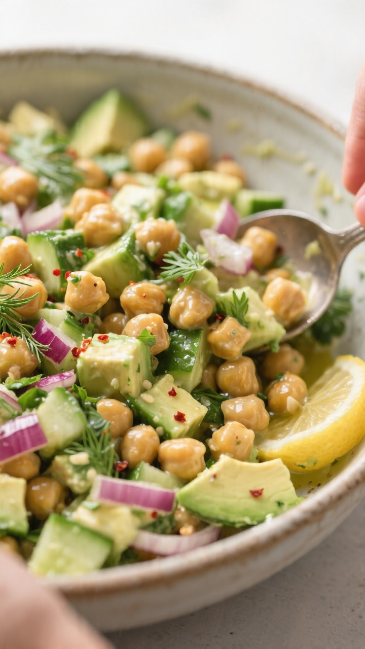 Close-up detail shot: A creamy, prepared Avocado Chickpea Salad mid-toss in a large ceramic mixing b