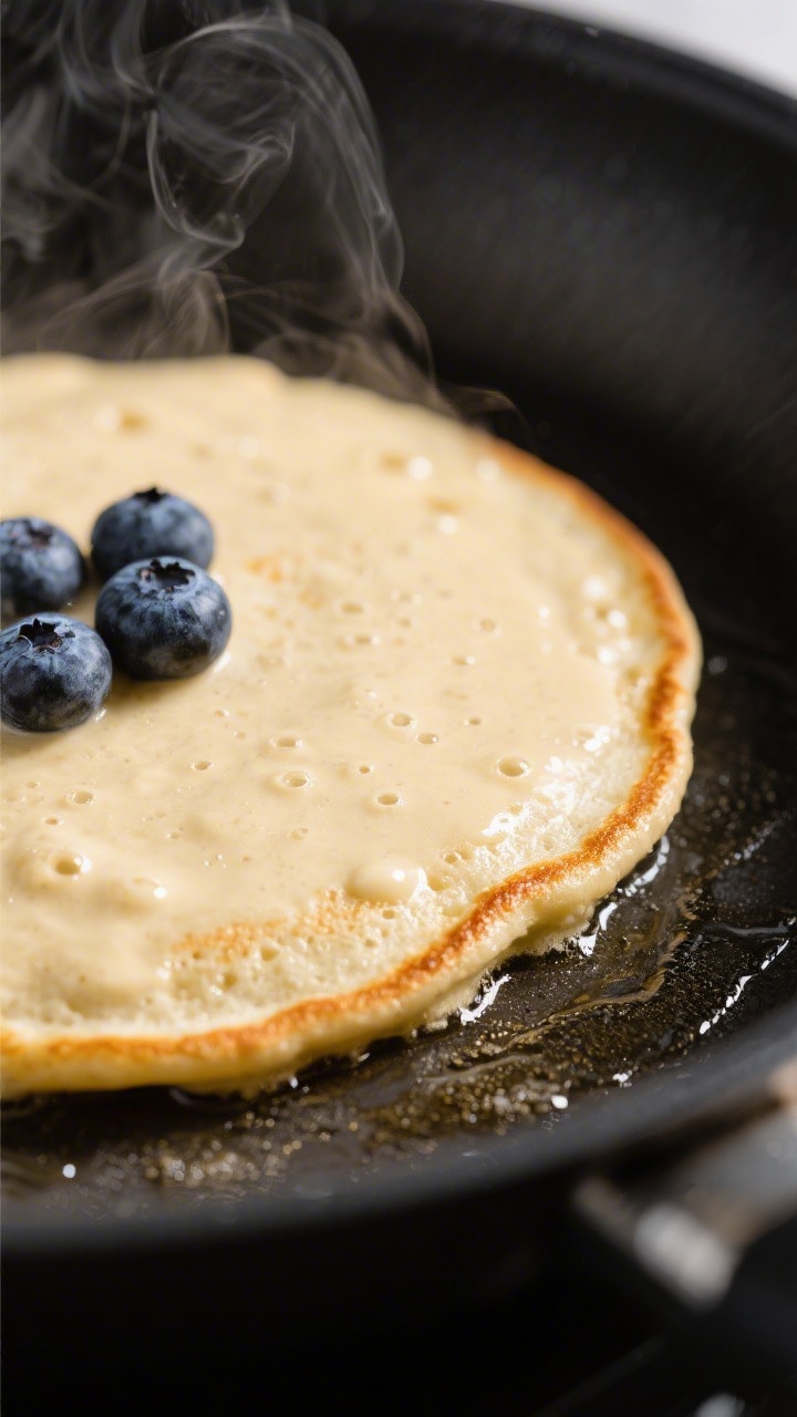 Close-up detail shot: A fluffy vegan protein pancake mid-cook on a nonstick griddle, golden-brown un