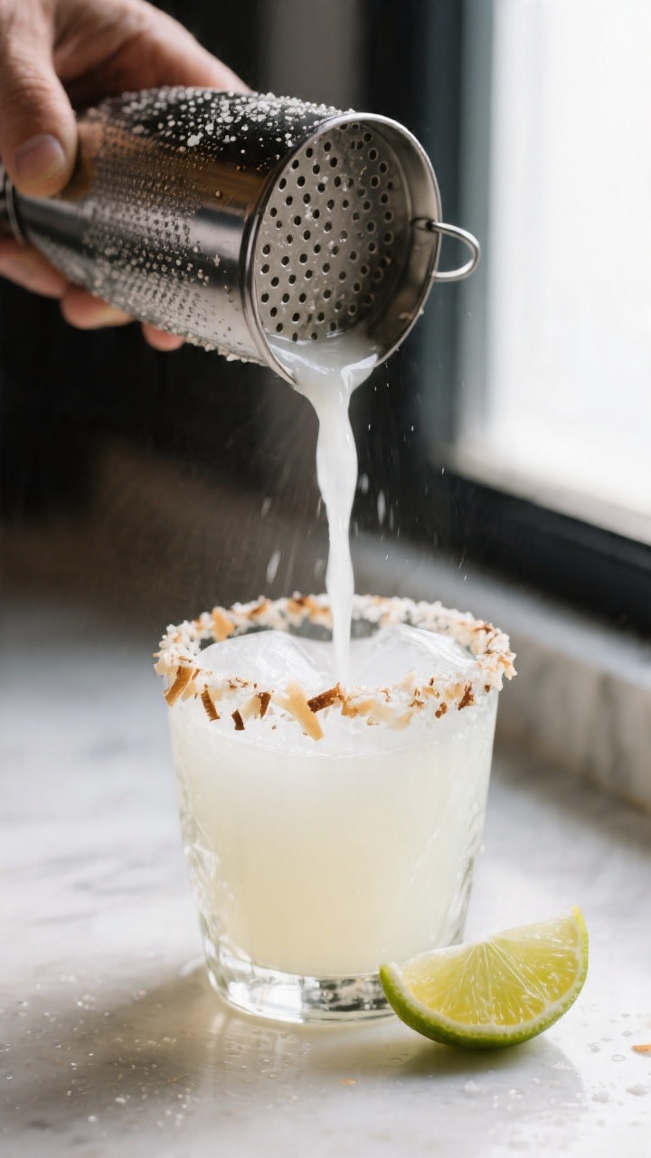 Close-up detail shot: A freshly shaken Coconut Margarita being strained through a fine mesh strainer