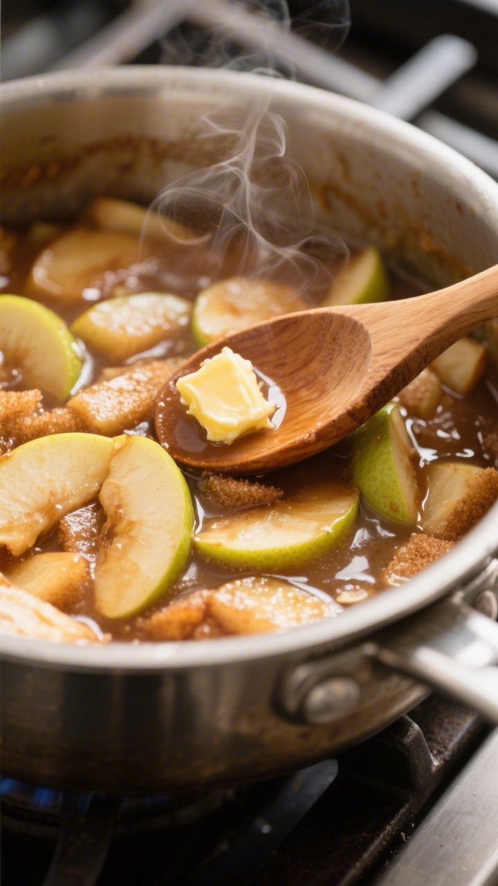 Close-up detail shot: A glossy, thick apple pie filling simmering in a wide stainless saucepan, tend