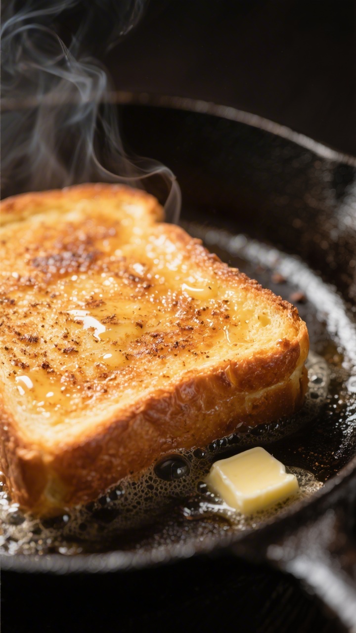 Close-up detail shot: A golden-brown slice of french toast sizzling on a cast-iron skillet over medi