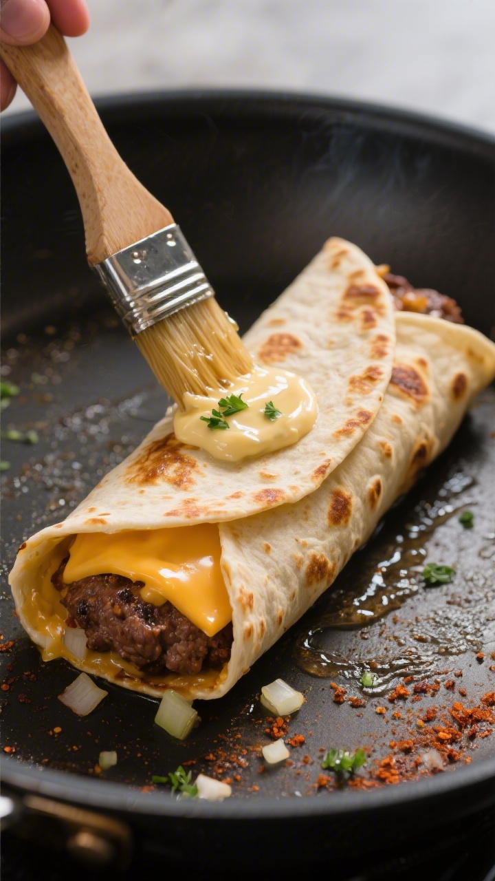Close-up detail shot: A golden, pan-seared cheeseburger roll up, seam-side down in a nonstick skille