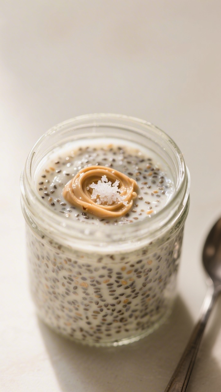 Close-up detail shot: A just-set overnight chia pudding in a clear wide-mouth jar after the second s