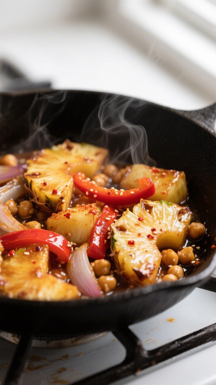Close-up detail shot: Caramelized pineapple chunks and chickpeas sizzling in a glossy sweet-savory g