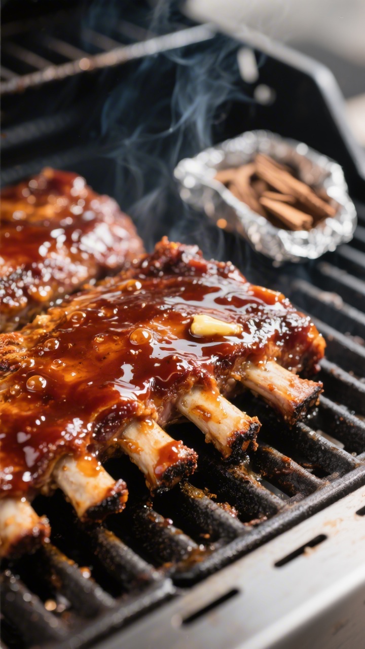 Close-up detail shot: Glazed BBQ pork ribs on the grill during the “glaze and caramelize” step, 