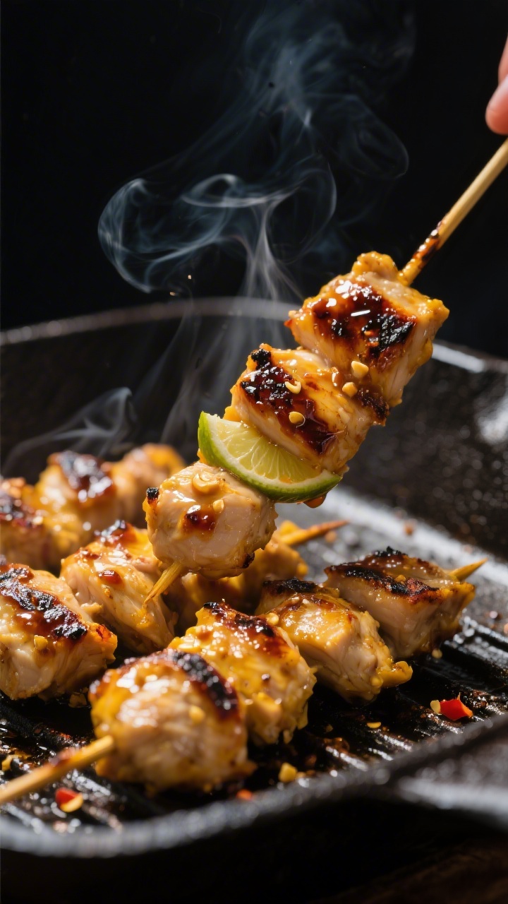 Close-up detail shot: Juicy chicken satay skewers sizzling on a cast-iron grill pan, mid-cook, with