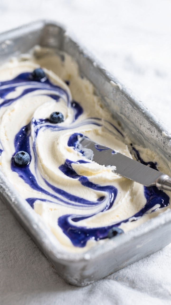 Close-up detail shot: No-churn blueberry swirl ice cream in a chilled metal loaf pan right after swi
