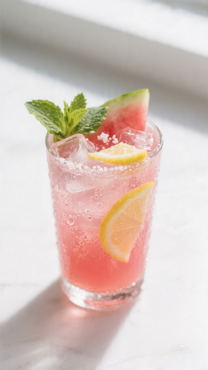 Close-up detail shot of a chilled glass of watermelon mint lemonade just after straining and mixing,