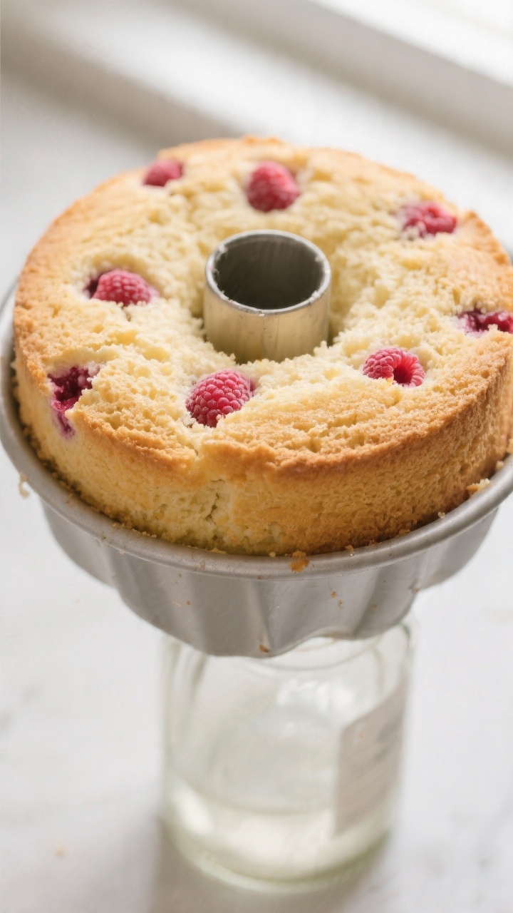 Close-up detail shot of a freshly baked raspberry angel food cake still in the ungreased tube pan, i