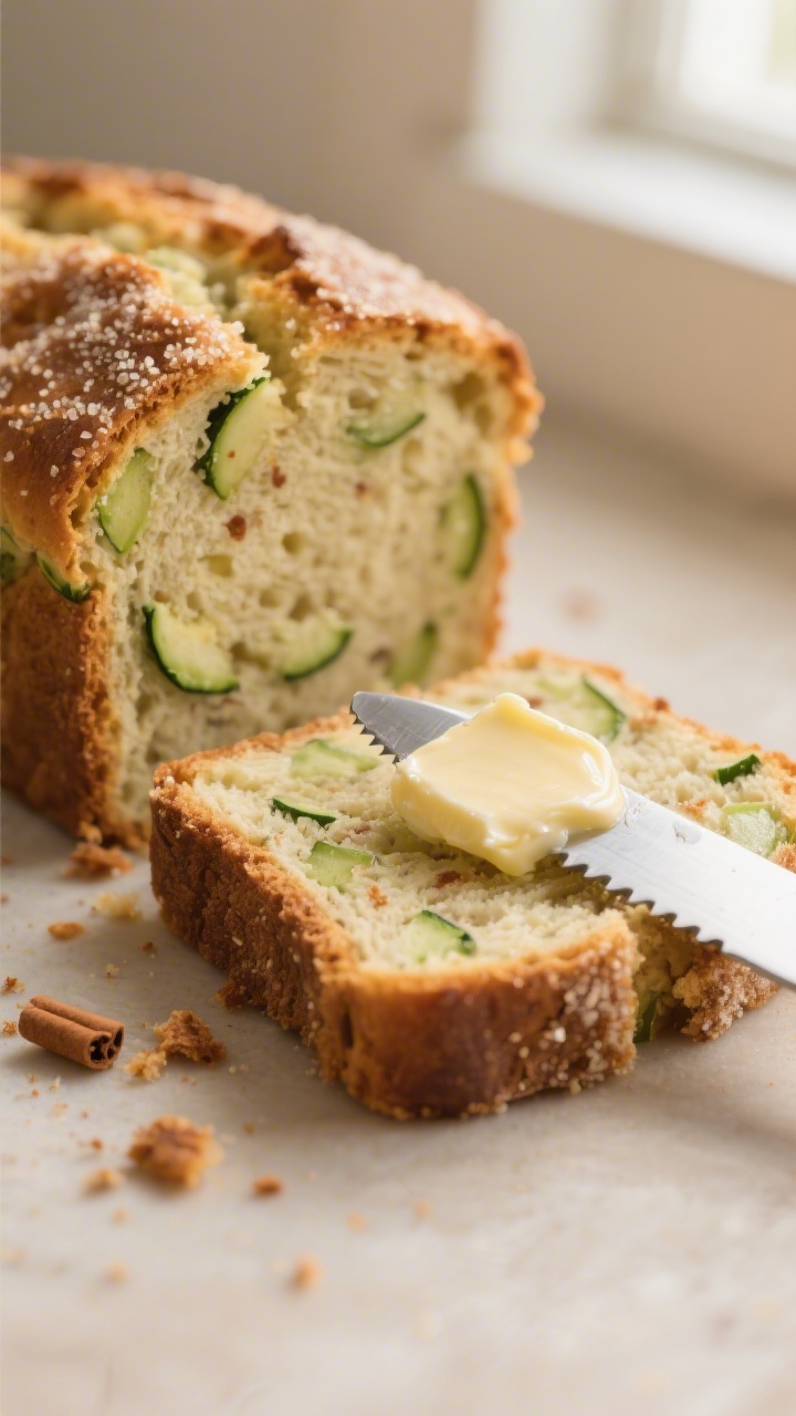 Close-up detail shot of a freshly baked slice of zucchini bread just cut with a serrated knife, show