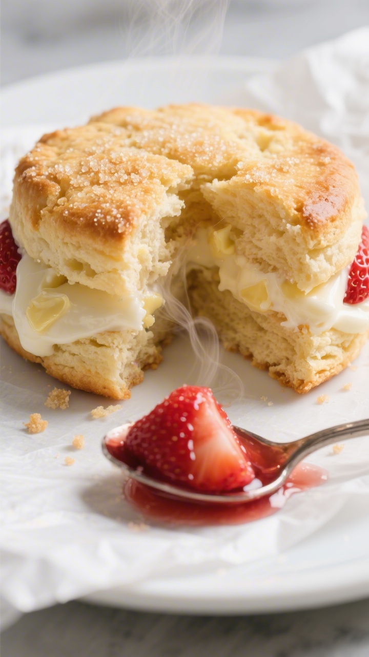 Close-up detail shot of a freshly baked strawberry shortcake biscuit split open, steam subtly visibl