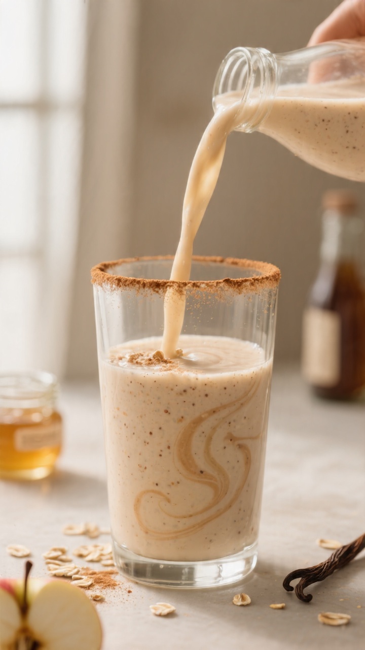 Close-up detail shot of a freshly blended Apple Cinnamon Breakfast Smoothie being poured in a slow r