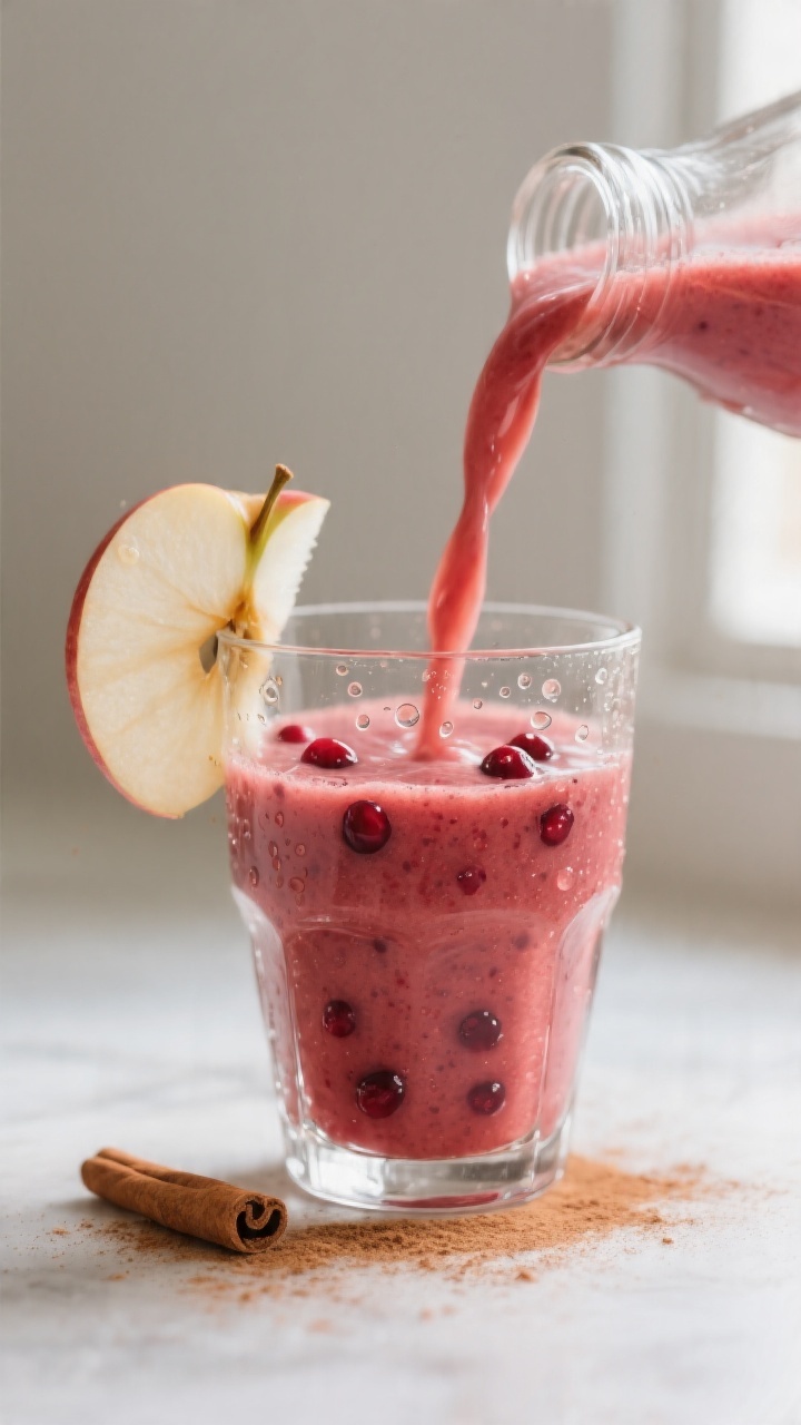 Close-up detail shot of a freshly blended Apple Cranberry Smoothie being poured into a chilled clear