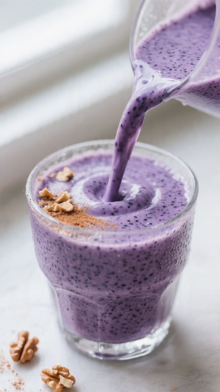 Close-up detail shot of a freshly blended Blueberry Keto Chia Smoothie being poured in a slow, silky