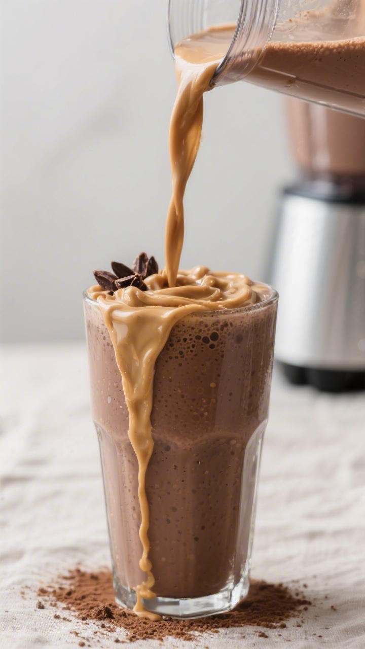 Close-up detail shot of a freshly blended chocolate peanut butter protein shake being poured in a sl