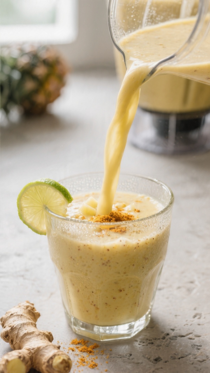 Close-up detail shot of a freshly blended ginger smoothie being poured in a smooth ribbon into a chi