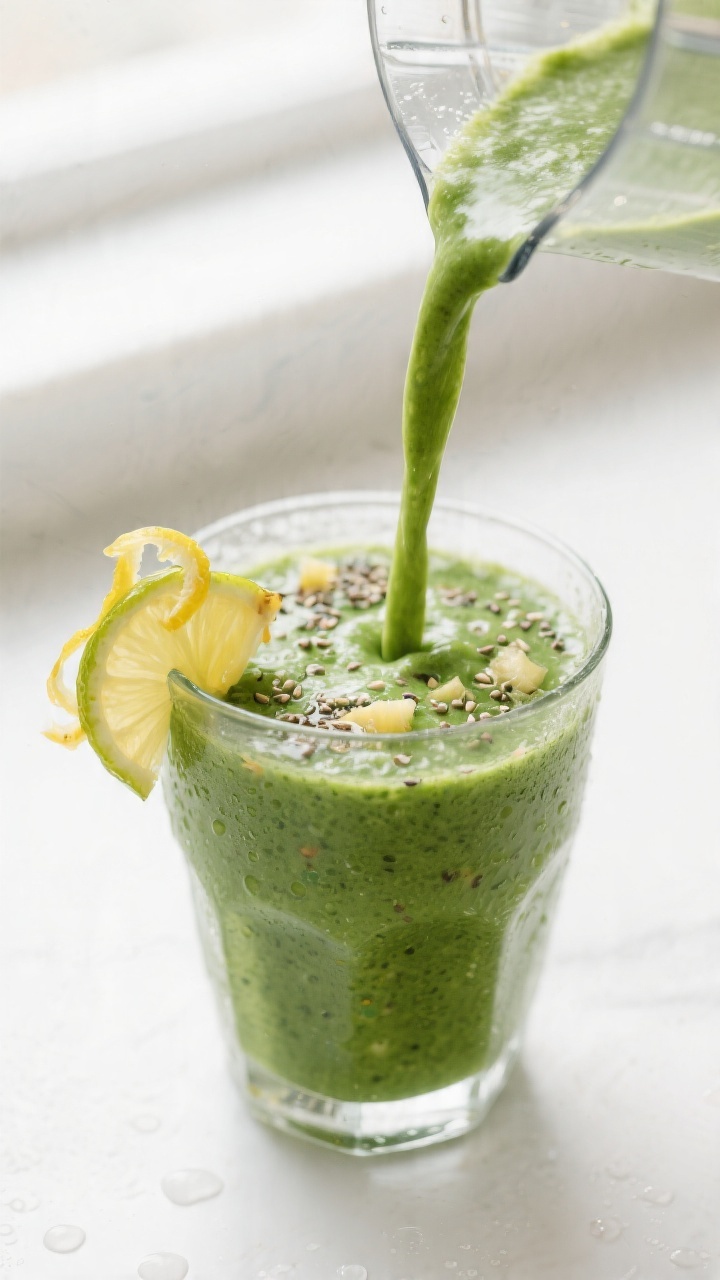 Close-up detail shot of a freshly blended Kale Pineapple Ginger Smoothie being poured in a smooth, s