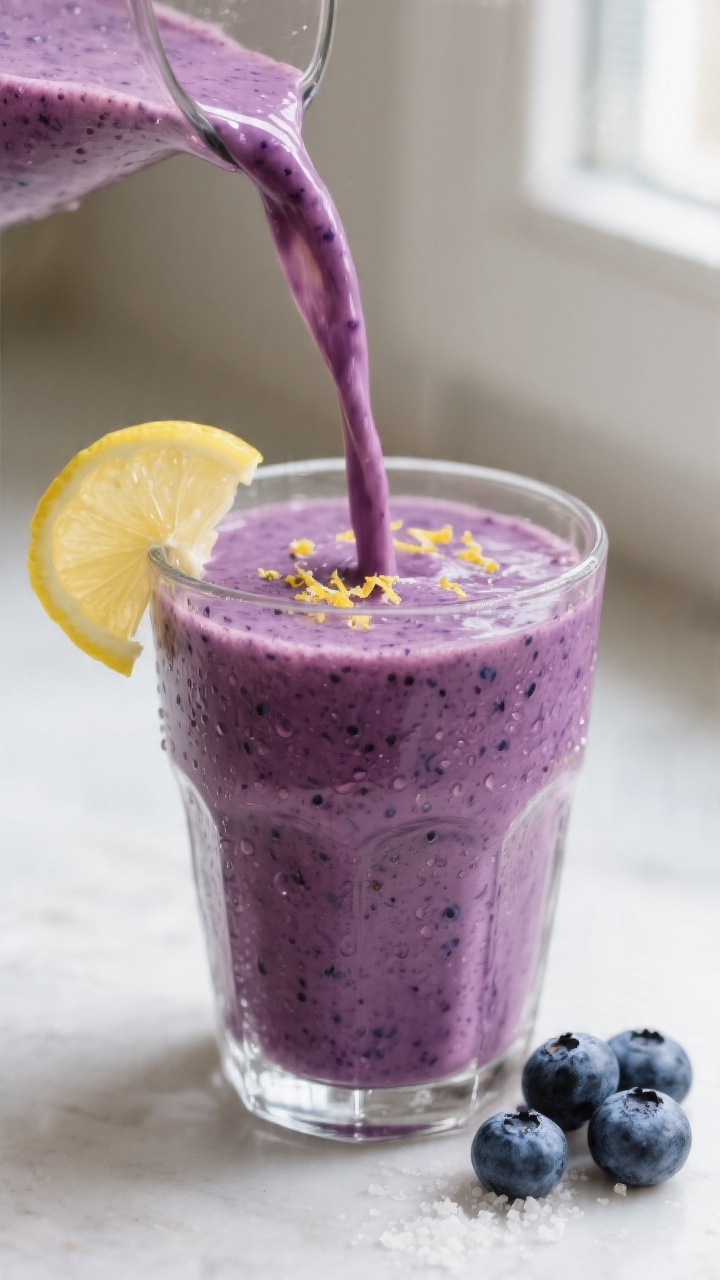 Close-up detail shot of a freshly blended Lemon Blueberry Smoothie being poured in a silky stream in
