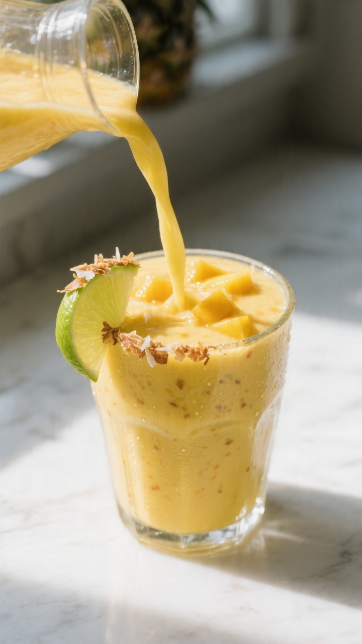 Close-up detail shot of a freshly blended Mango Pineapple Smoothie being poured in a slow ribbon int