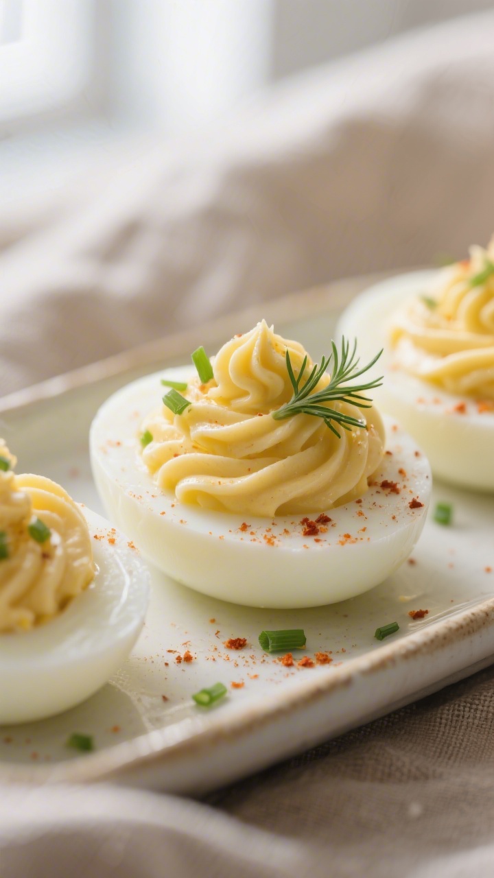 Close-up detail shot of classic deviled eggs just filled and garnished: ultra-smooth, piped yolk mix