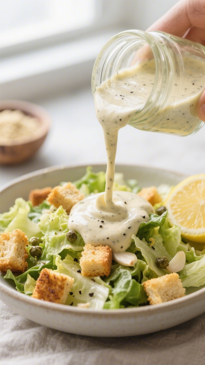 Close-up detail shot of creamy vegan Caesar dressing being poured in a silky ribbon from a small gla
