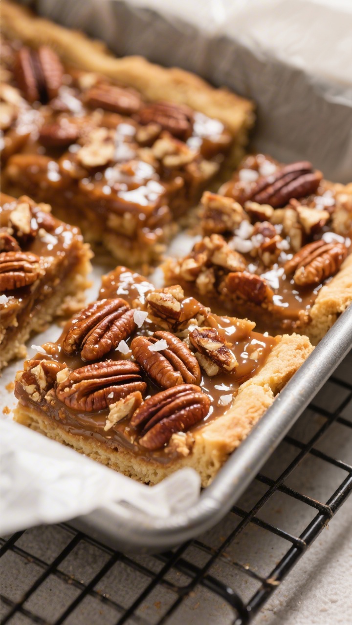 Close-up detail shot of freshly baked vegan pecan pie bars just out of the oven: glossy, maple-caram