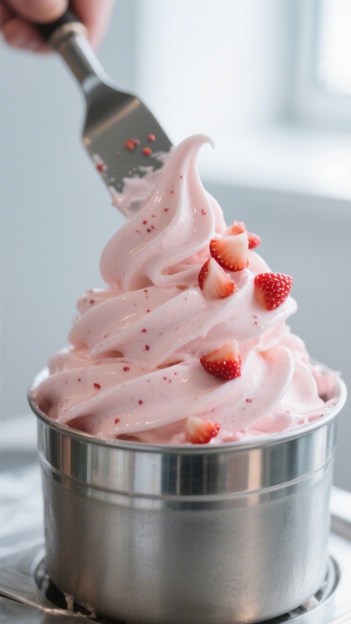 Close-up detail shot of freshly churned strawberry ice cream at soft-serve stage in a chilled metal
