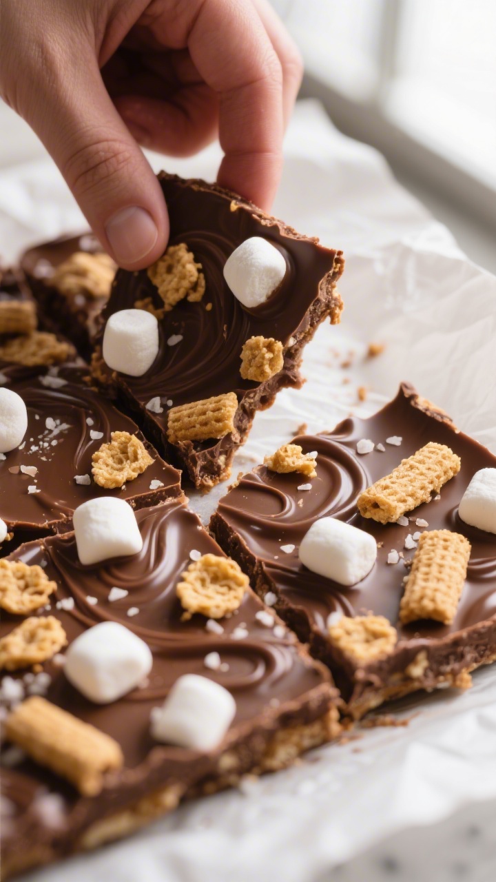 Close-up detail shot of freshly set s’mores bark being broken by hand on parchment, showcasing glo