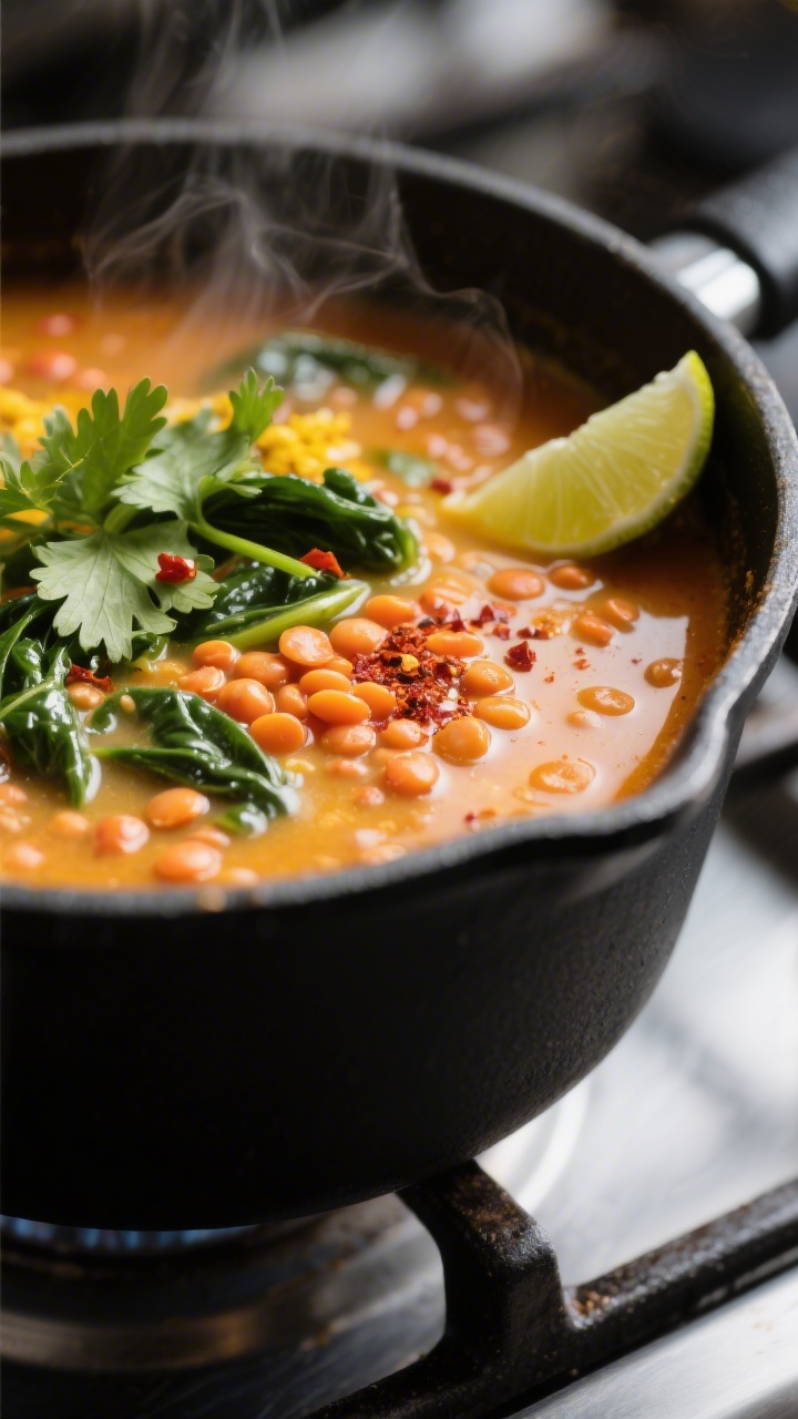 Close-up detail shot of Spicy Coconut Lentil Soup simmering in a matte black saucepan: red lentils j