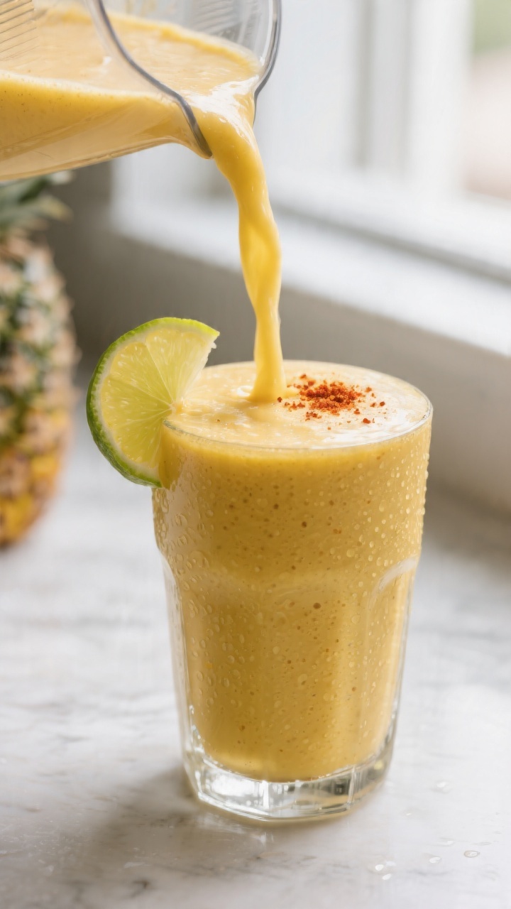 Close-up detail shot of the finished Spicy Ginger Smoothie being poured from a blender into a chille