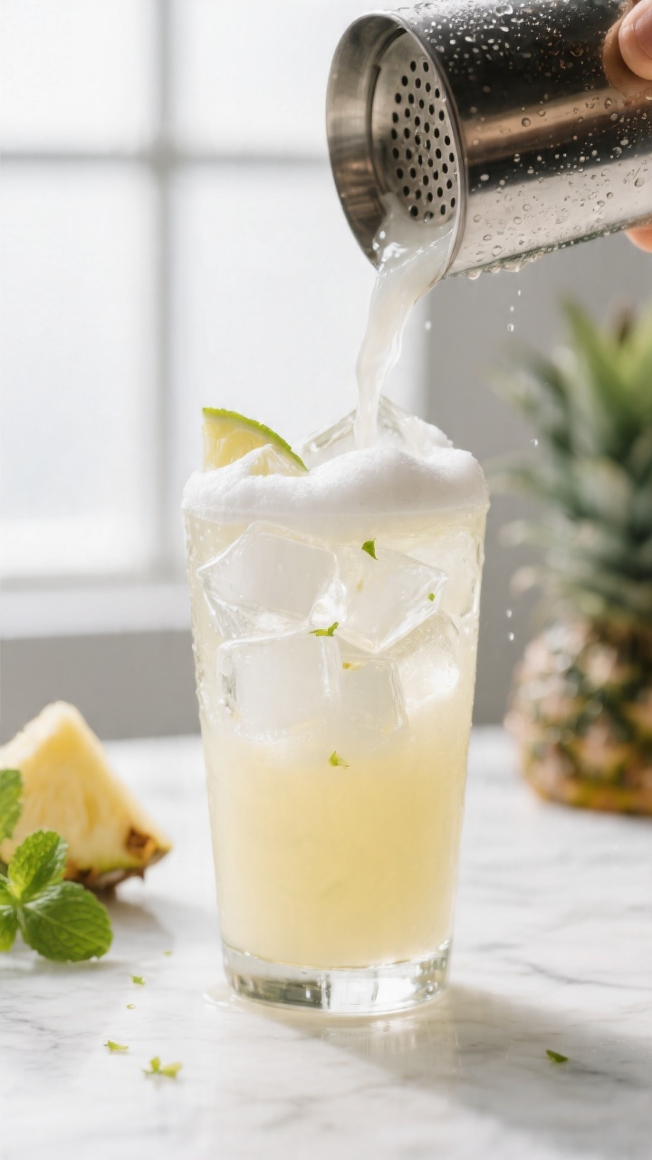 Close-up detail shot of the finished Tropical Pineapple Coconut Mocktail being poured through a shak