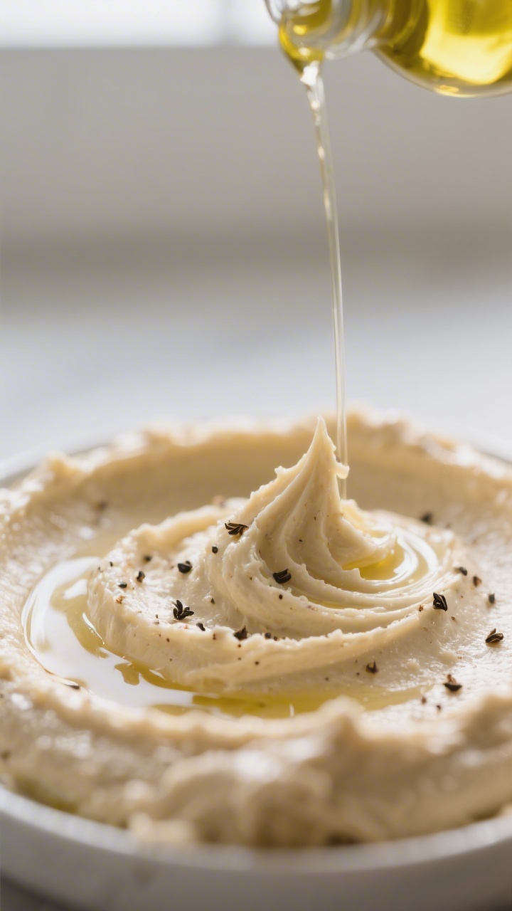 Close-up detail shot of ultra-creamy high-protein hummus just finished in the food processor, showin