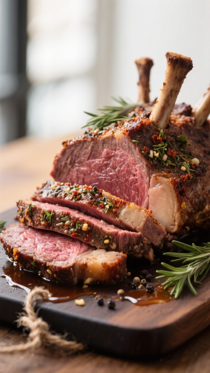 Close-up detail shot: Sliced medium-rare prime rib roast showing a juicy rosy center (130–132°F f
