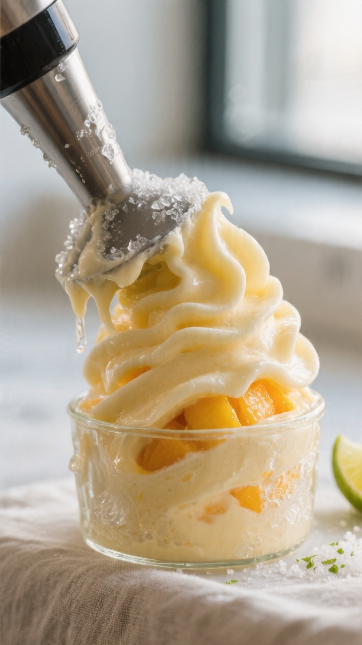 Close-up detail shot: Ultra-creamy frozen mango dessert just blended in a high-power blender, thick 
