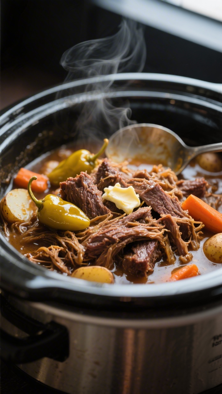 Close-up detail: Shredded Mississippi pot roast glistening in buttery, tangy juices inside a slow co