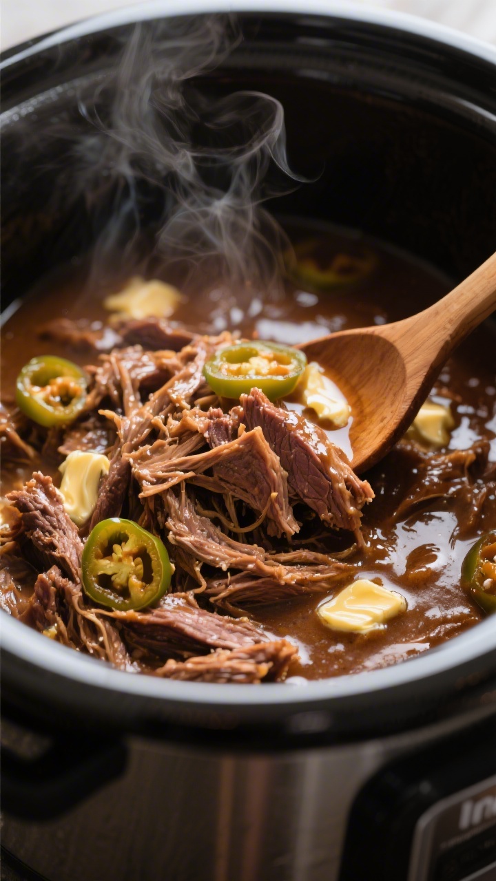 Close-up detail: Shredded Mississippi pot roast just returned to the Instant Pot, glistening in rich