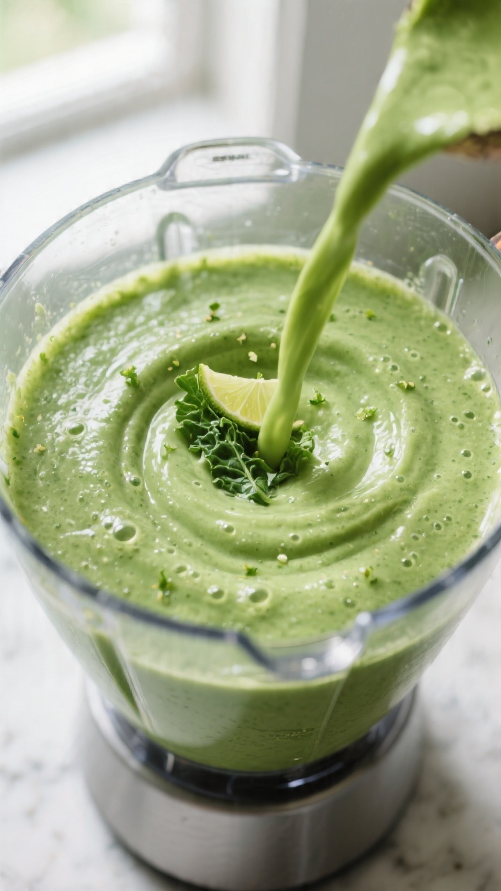 Close-up detail: Silky avocado kale smoothie mid-blend in a clear high-speed blender, showing a perf