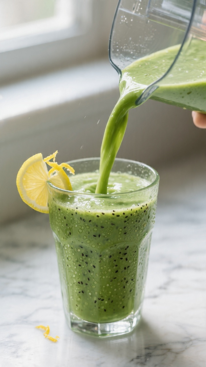 Close-up detail: Silky avocado spinach detox smoothie being poured from a blender into a chilled cle