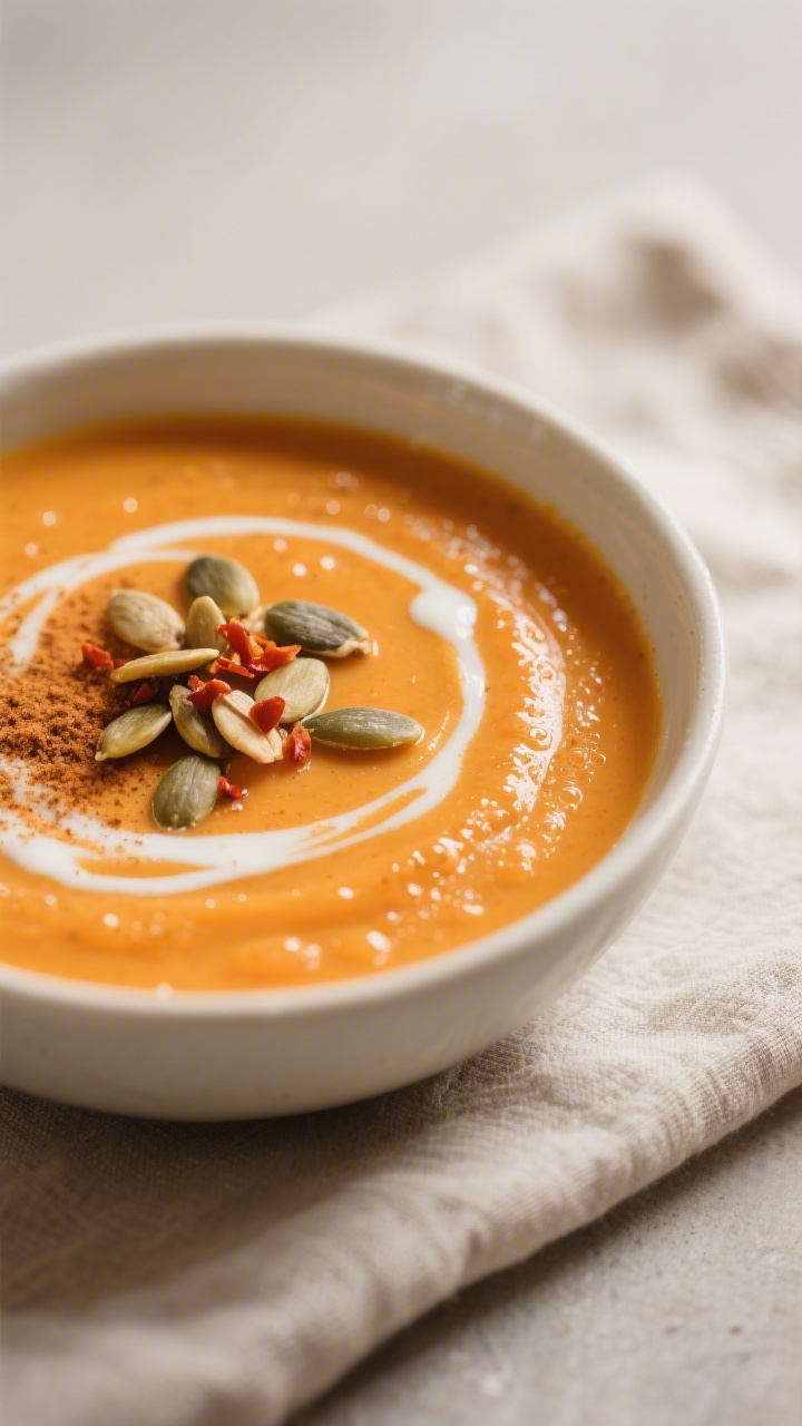 Close-up detail: Silky carrot ginger soup just after blending, ultra-creamy texture with coconut mil