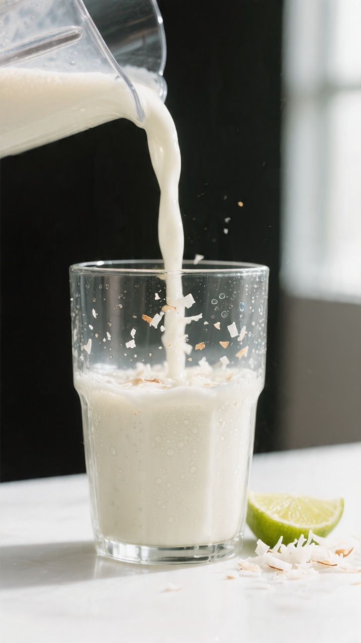 Close-up detail: Silky coconut smoothie being poured from a blender into a chilled clear glass, thic