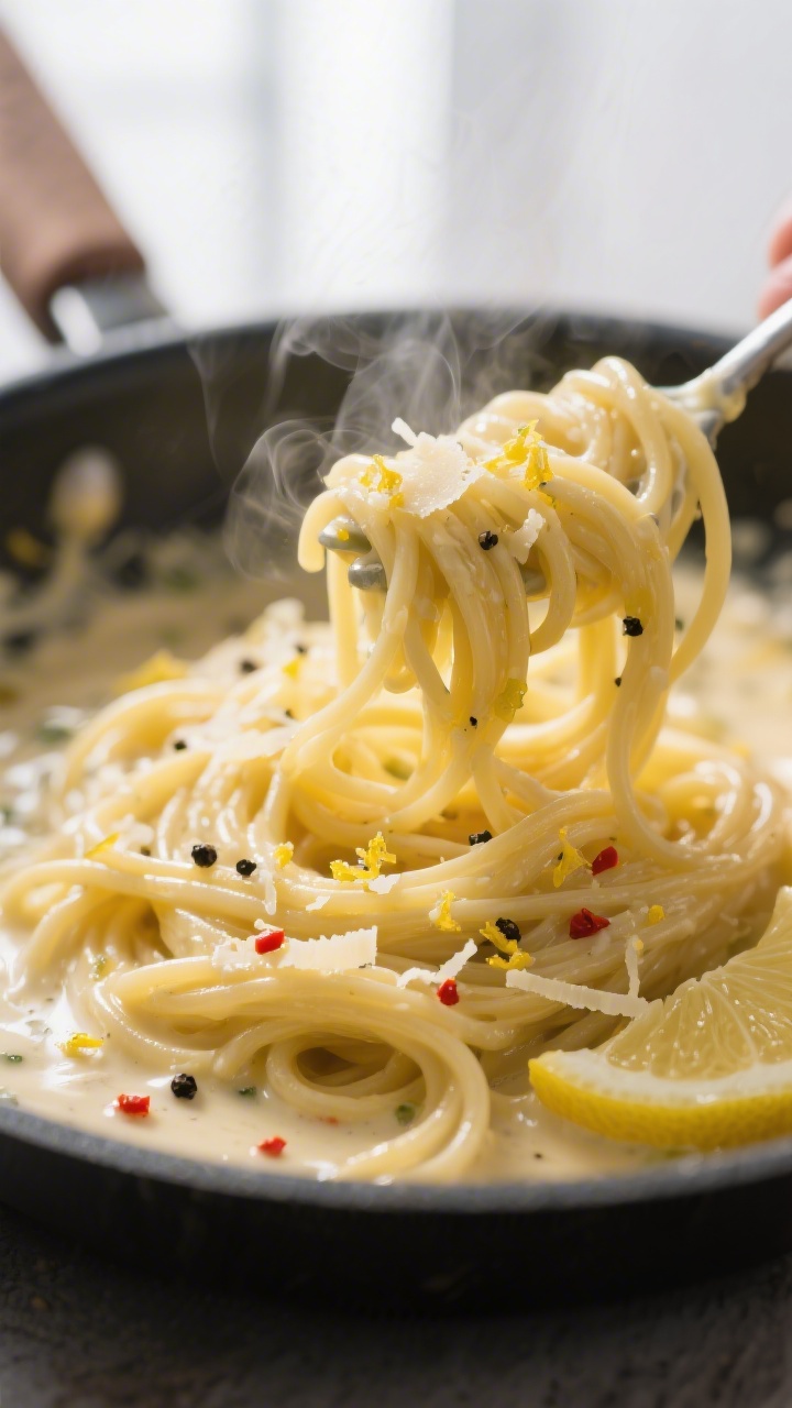 Close-up detail: Silky creamy lemon pasta strands being tossed in a skillet, sauce glossy and clingi