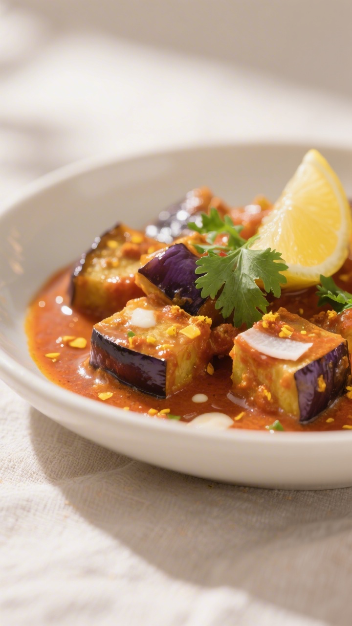 Close-up detail: Silky eggplant cubes lacquered in a creamy tomato-coconut curry sauce, flecks of tu
