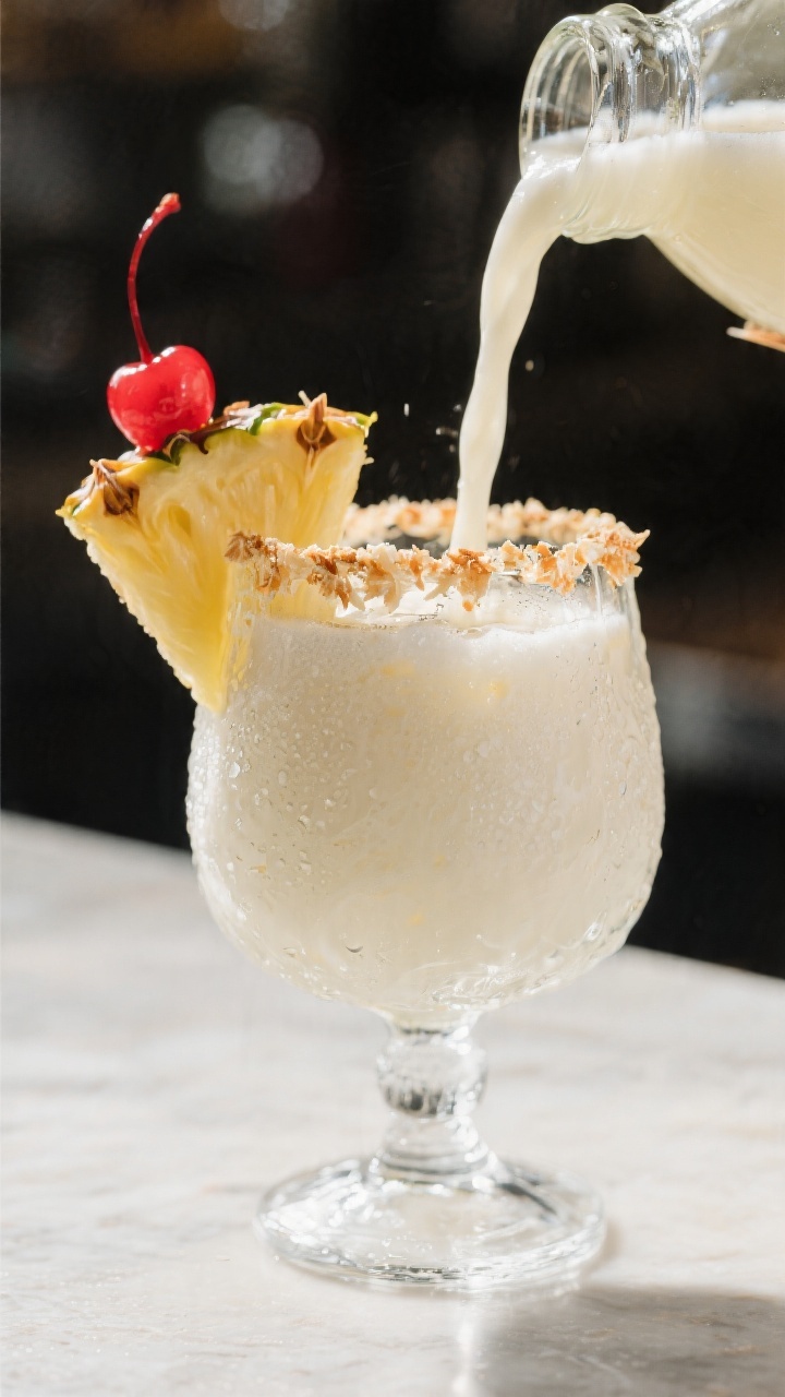 Close-up detail: Silky, freshly blended Piña Colada being poured in a slow ribbon into a frosty, ch