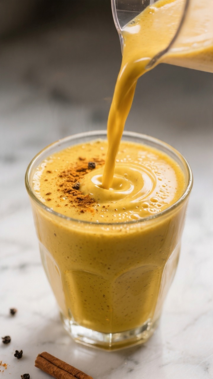 Close-up detail: Silky golden milk turmeric smoothie being poured from a blender into a clear glass,