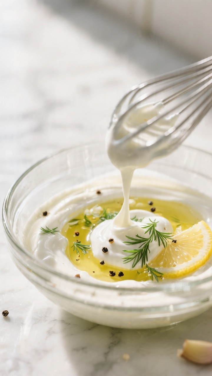 Close-up detail: Silky Greek yogurt dressing being whisked to a glossy, pourable consistency in a cl