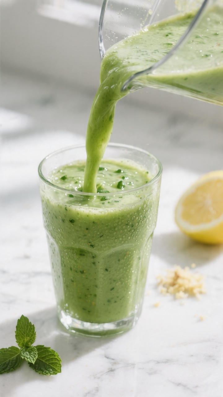 Close-up detail: Silky green apple detox smoothie being poured from a blender into a chilled clear g